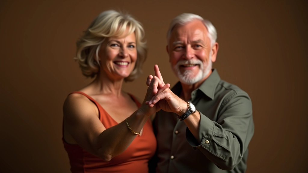Two retirees demonstrating proper bachata frame and hand position during a dance lesson, showing connection and posture