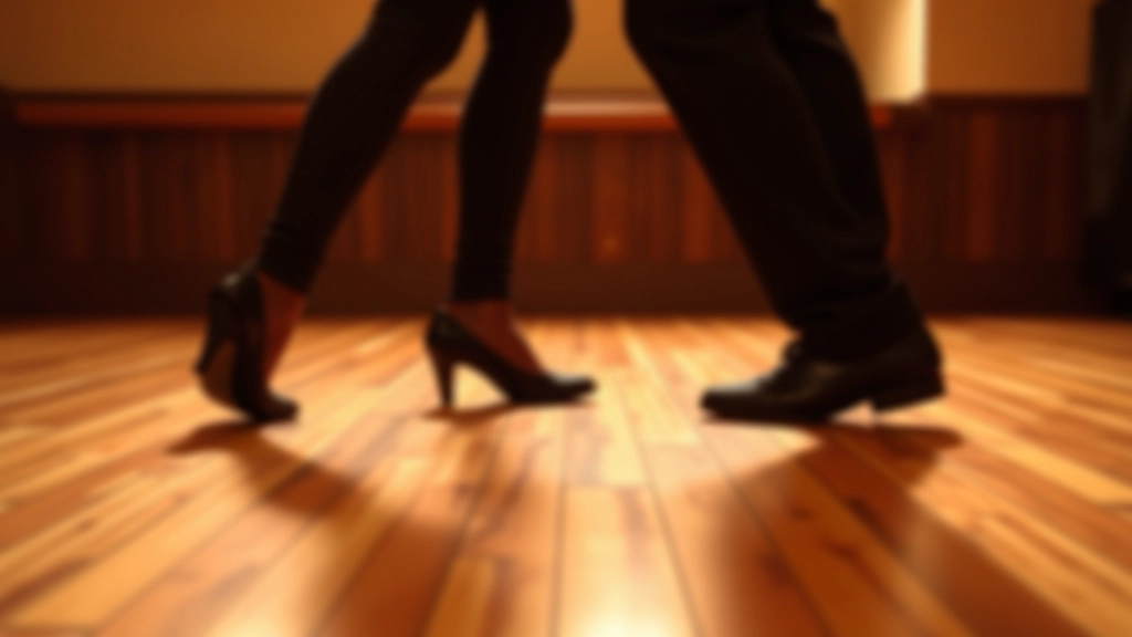 Close-up of dancers' feet on wooden dance floor during a salsa dance, showing proper footwork and positioning