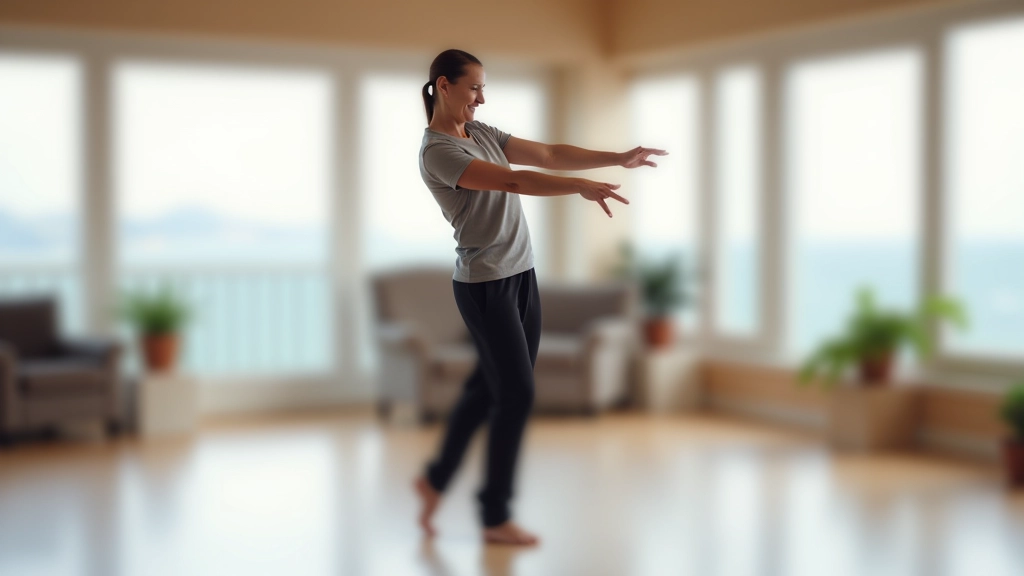 Dance instructor demonstrating footwork technique to a group of adult dancers in a bright studio with coastal windows