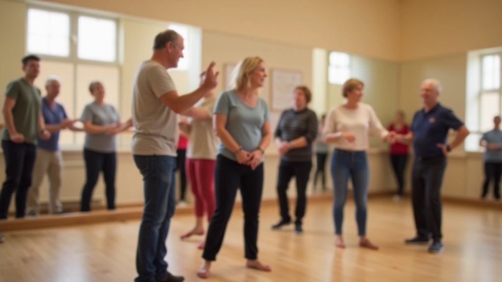 Dance instructor demonstrating the basic salsa step to a class of mixed-age students, bright studio with mirrors, everyone in proper stance