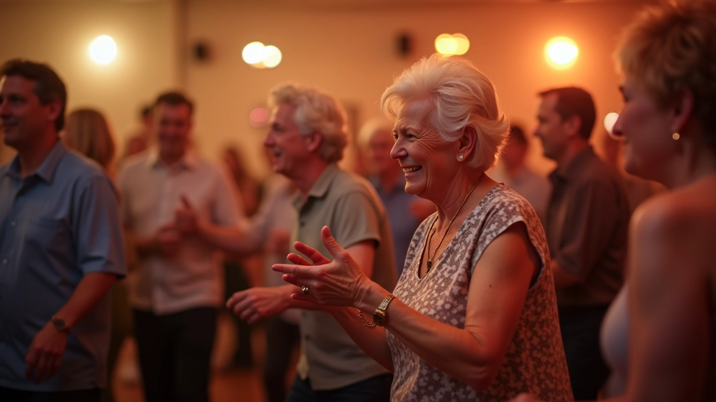 Vibrant group of retirees enjoying a dance social event with joyful movement and community atmosphere