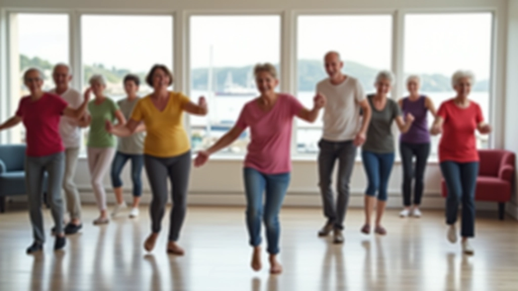Group of retirees aged 55-75 practicing synchronized dance steps in a studio overlooking Galway harbor