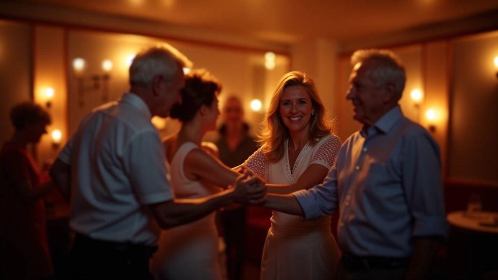Group of mature couples enjoying a bachata social event in a welcoming dance venue with ambient lighting