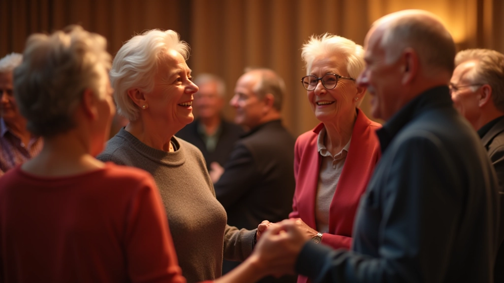 Group of retirees aged 60-75 standing in a circle at a social event, wearing casual dance clothes, smiling and chatting with each other