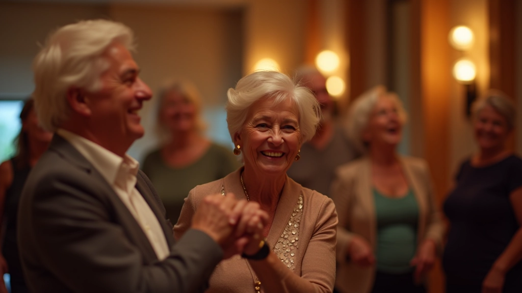 Group of diverse older adults laughing together in a dance studio, relaxed atmosphere, warm lighting, friendly interaction