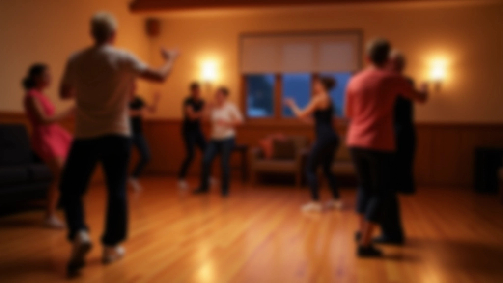 Indoor dance studio with wooden floor, soft ambient lighting, and a few couples dancing together in casual clothing