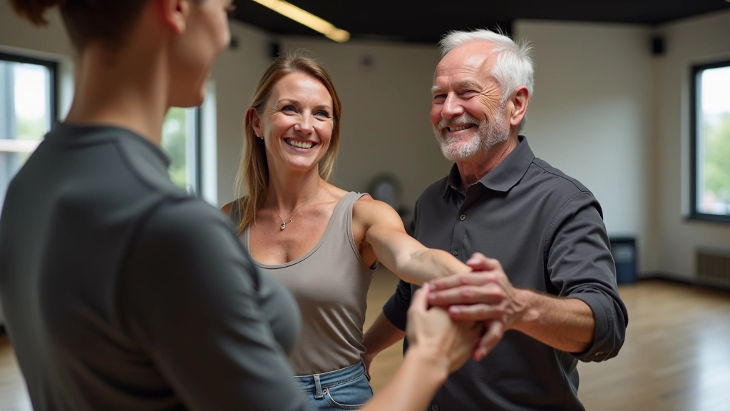 Mature couple in casual clothing taking a bachata dance lesson with an instructor in a bright dance studio
