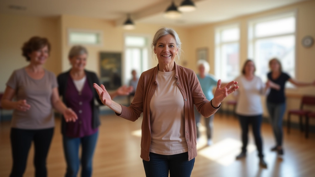 Instructors and participants enjoying a dance session in a bright, welcoming community space with natural light