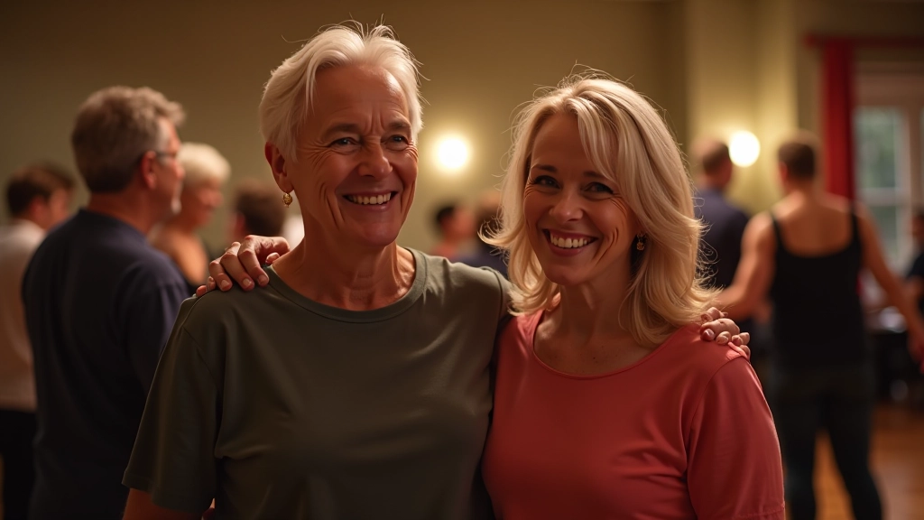 Diverse group of adults of various ages smiling in a dance studio during a social event, relaxed and happy atmosphere, warm lighting