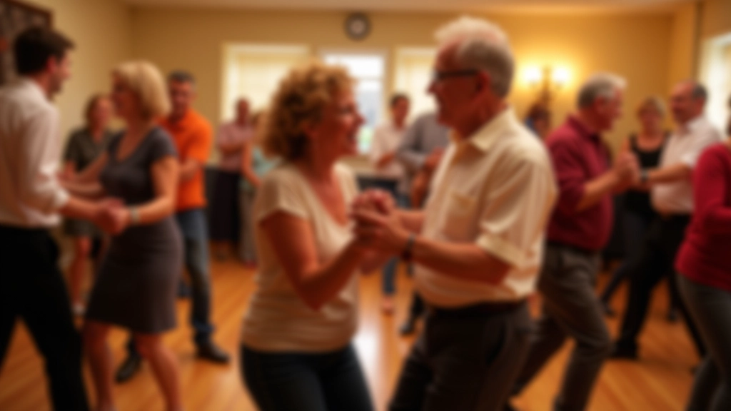 Older adults dancing together in a bright community hall with wooden floors and colorful decorations