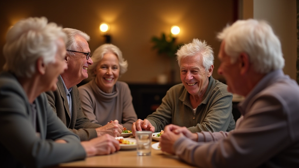 Retirees aged 65-80 sitting at a table together, laughing and having conversations during a social event break